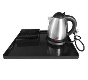 Silver 0.8L electric kettle with black tray