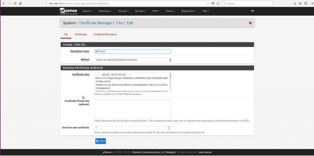 Tela de Cadastro Certificado CA - Hotspot no PfSense