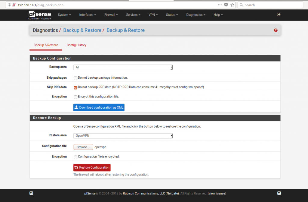 Tela de Backup & Restore - hotspot en pfsense