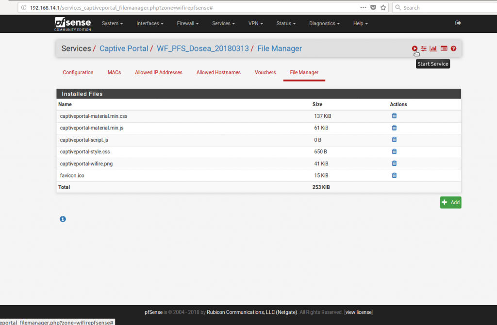 Botão Start Service - hotspot en pfsense