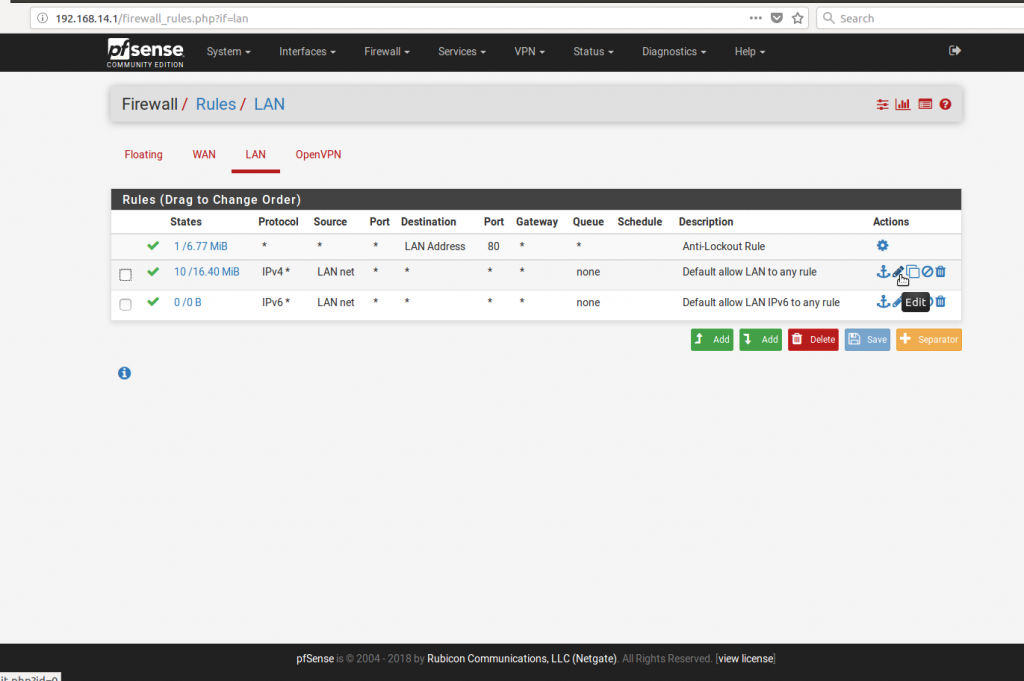 Tela de Configuração Firewall/Rules LAN