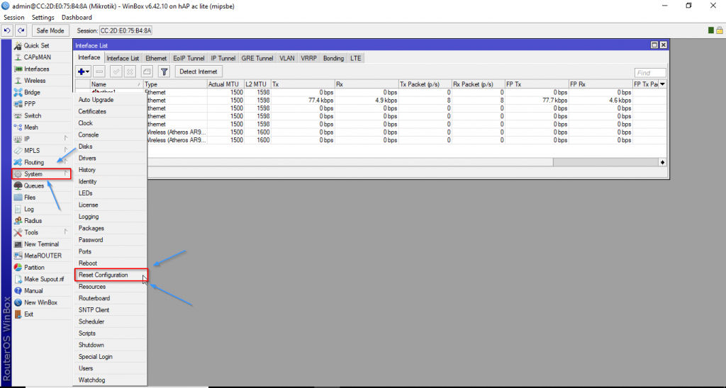 Opção System Reset Configuration - hotspot social no mikrotik