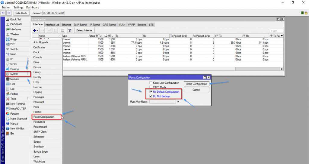 Opção System Reset Configuration - hotspot social no mikrotik