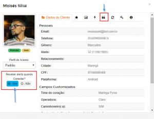 Detalhes do Cadastro de Clientes com o botão "Receber alerta quando Conectar?"