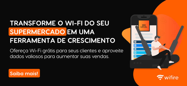 Banner em português promovendo Wi-Fi para clientes no supermercado, mostrando uma pessoa ao lado de um roteador e um celular, com destaque para as palavras "SUPERMERCADO" e "Saiba mais!" em laranja.
