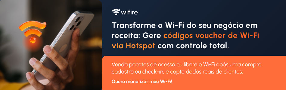 Uma pessoa segura um smartphone próximo a um ícone brilhante de Wi-Fi, com um texto em português promovendo a geração de Código Voucher Wi-Fi para que as empresas possam monetizar o acesso à internet e controlar os dados dos clientes.