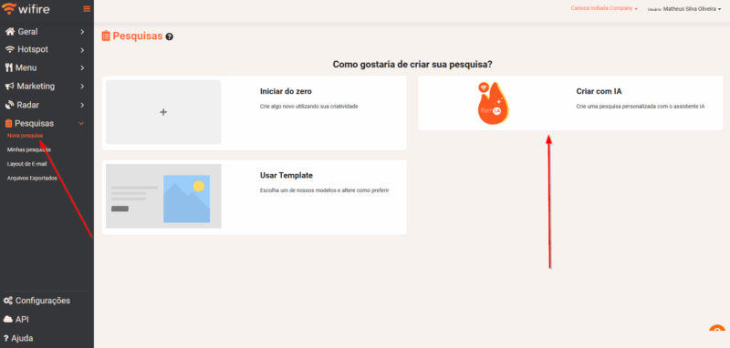 Print do painel WiFire, indicando o passo a passo para utilizar a IA para pesquisa do WiFire