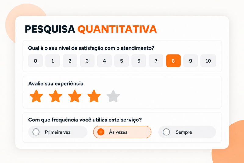 Descrição: Pesquisa qualitativa e quantitativa em português com três perguntas sobre satisfação, avaliação da experiência por meio de estrelas e frequência de uso. 
