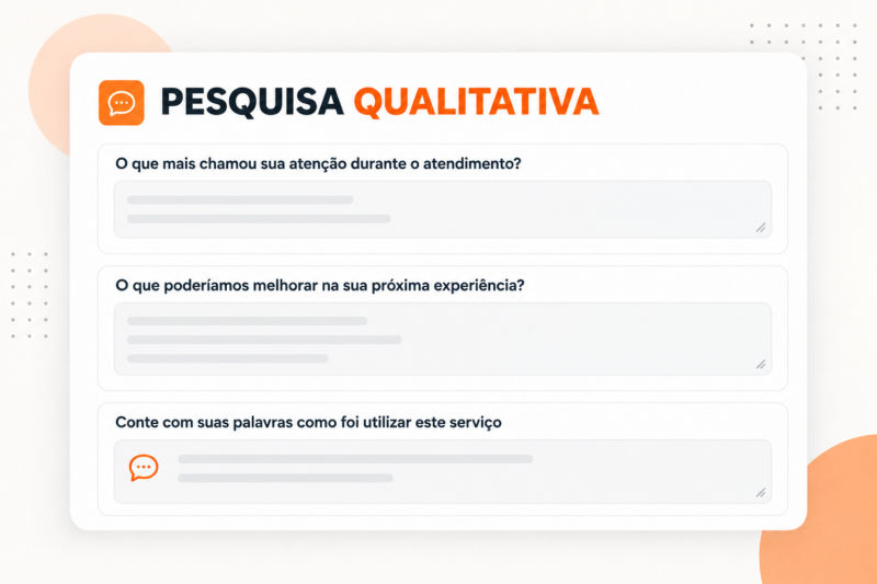 Formulário de pesquisa qualitativa e quantitativa com três perguntas sobre atendimento, melhorias na experiência e relato do usuário, em fundo claro com detalhes em laranja.