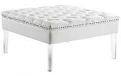 White Leather and Bronze Steel Tufted Square Ottomans