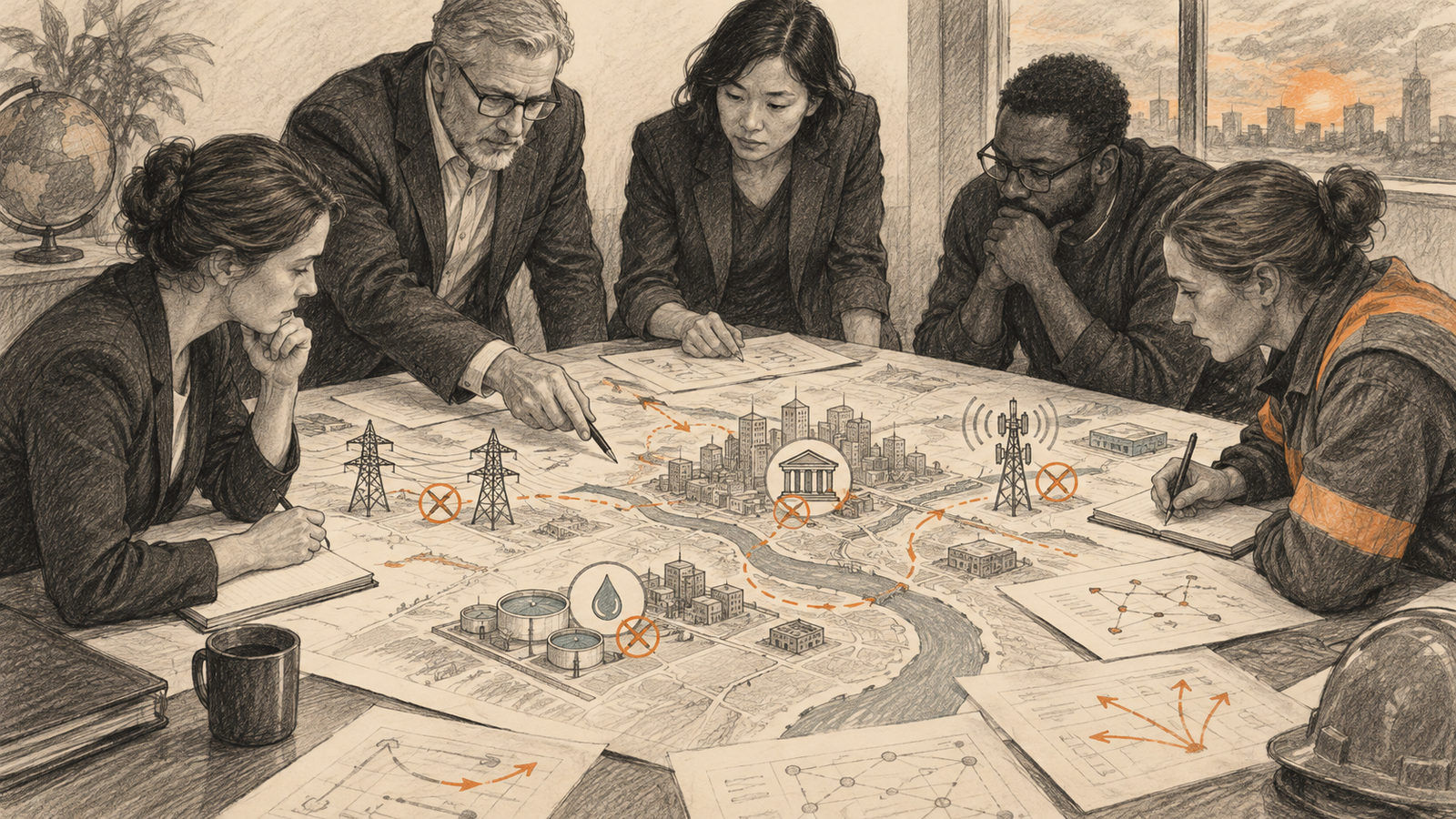 Executives and safety staff mark response scenarios on a tabletop infrastructure map