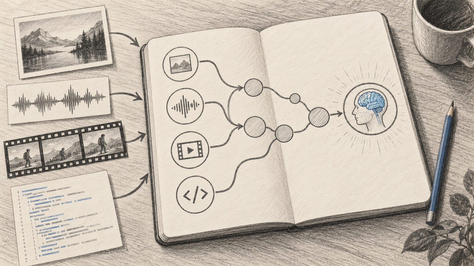 A notebook connects image, audio, video, text, and code inputs into one reasoning task