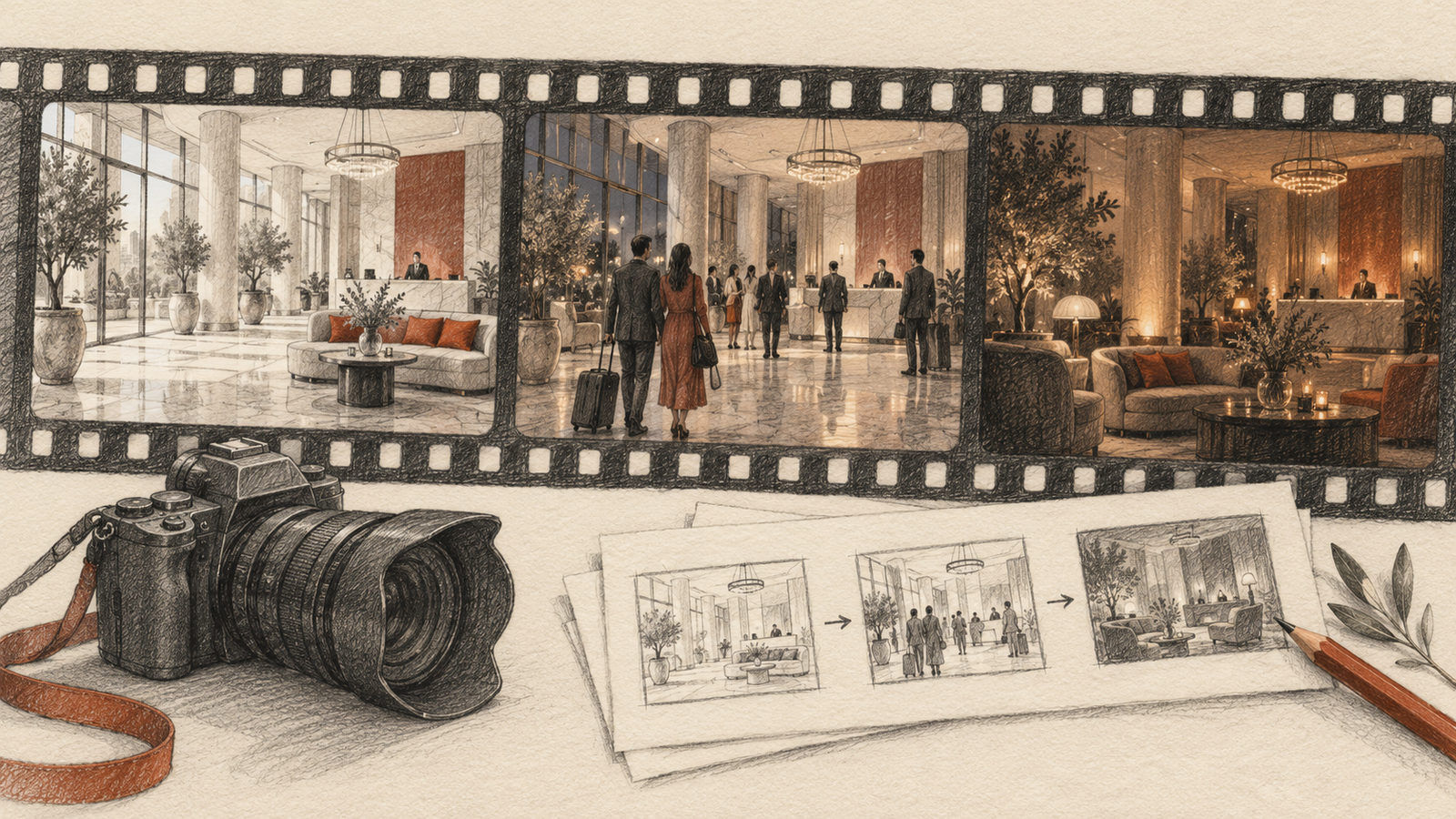 A hotel-lobby-style performance represented as hand-drawn sequential video frames