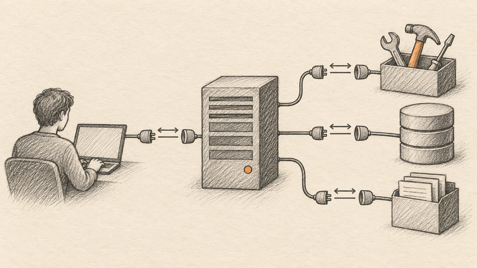 A client connects through an MCP server to tools and data sources