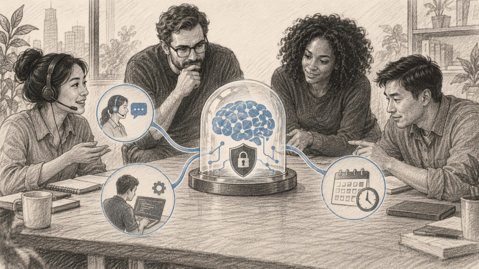 A small business team connects customer support, coding, and scheduling to an AI platform