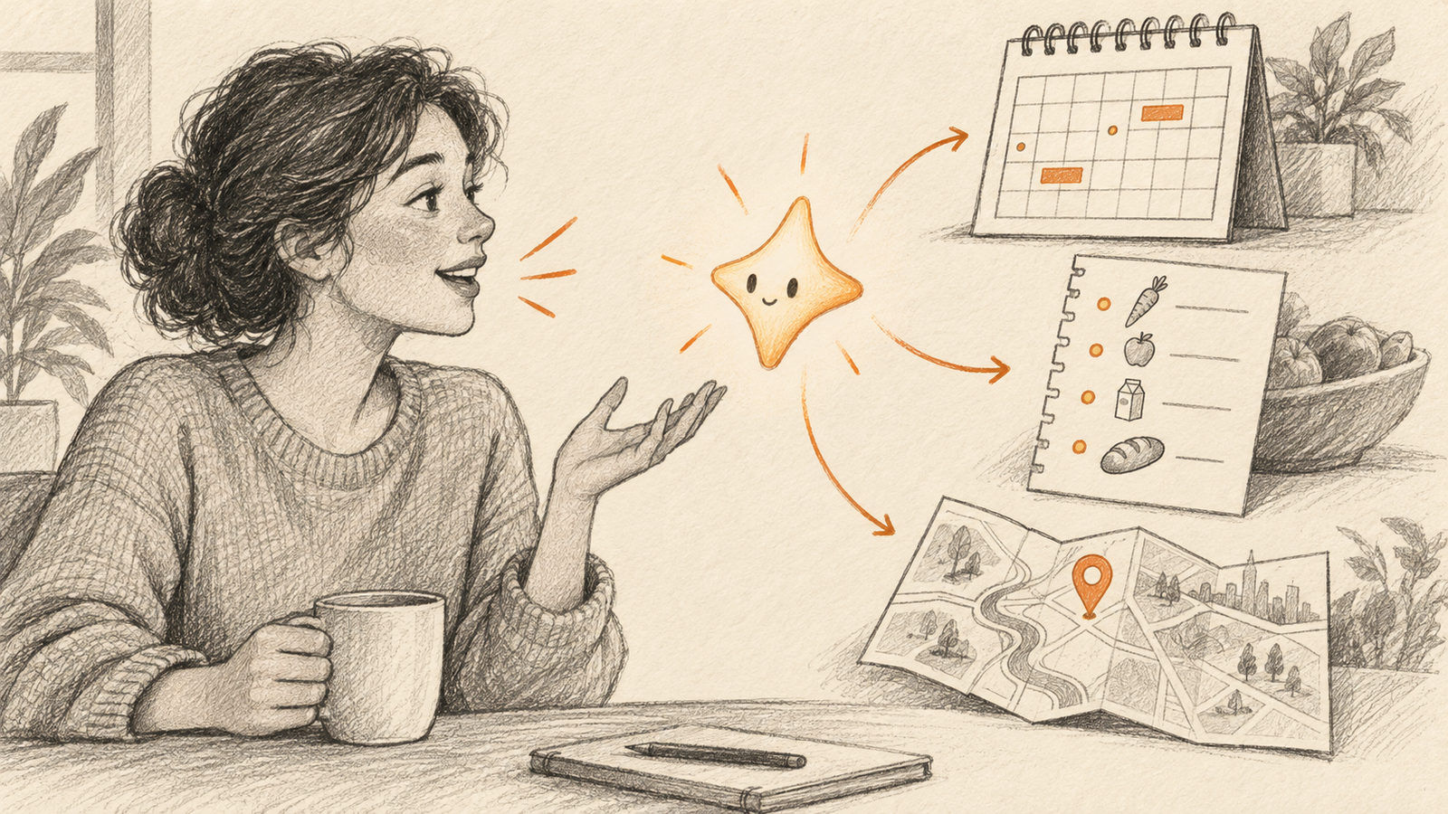 A person uses a small AI assistant to organize a calendar, map, and shopping note