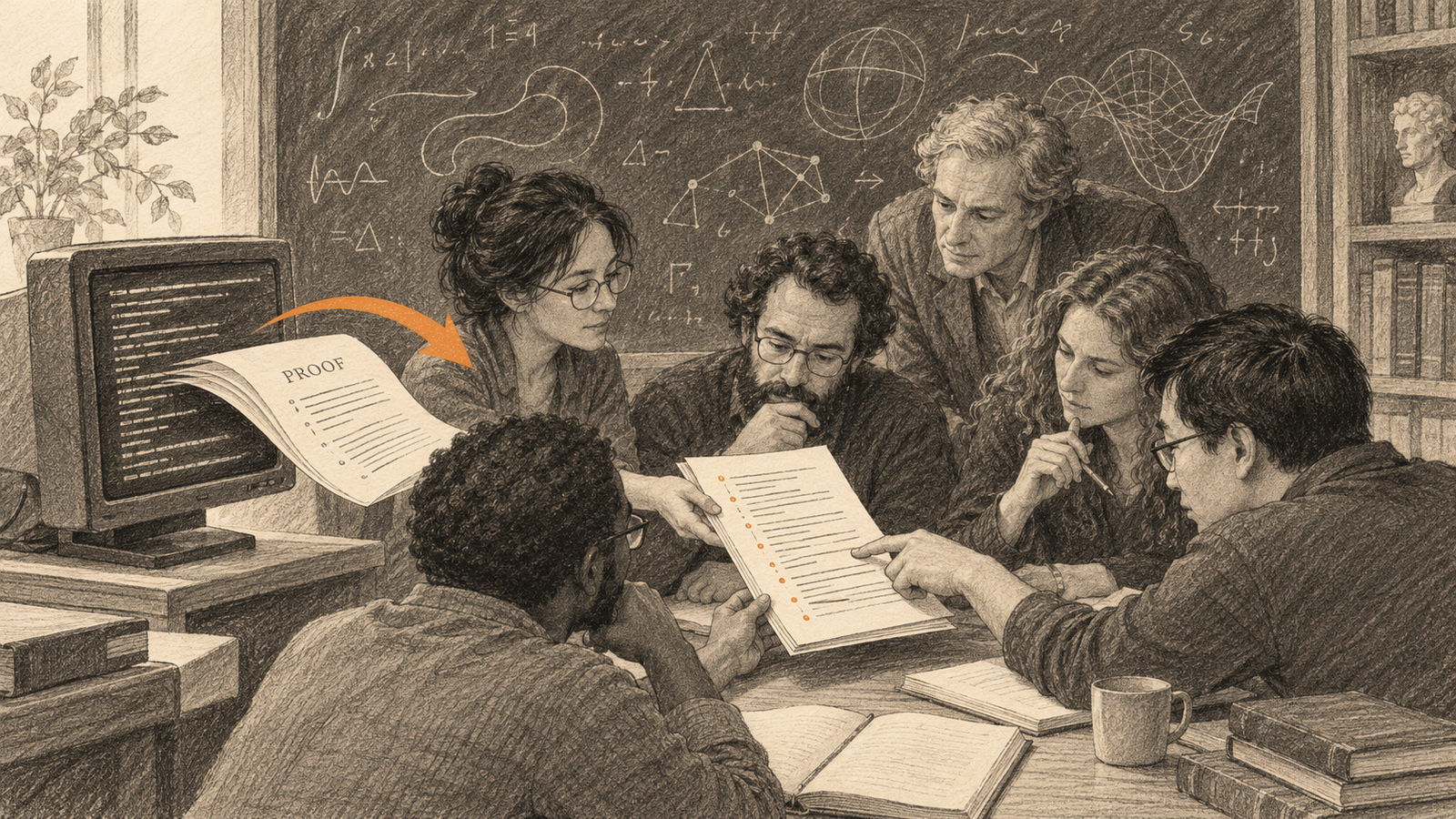 Mathematicians review a proof manuscript together beside a symbolic chalkboard
