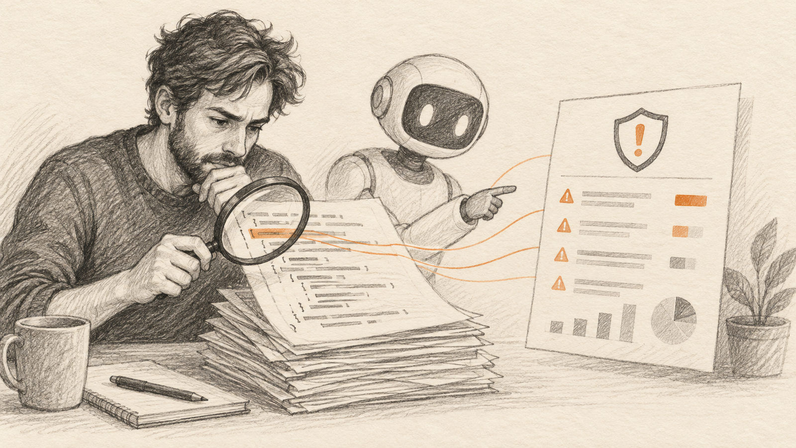 A maintainer checks an AI-assisted security report beside source-code notes