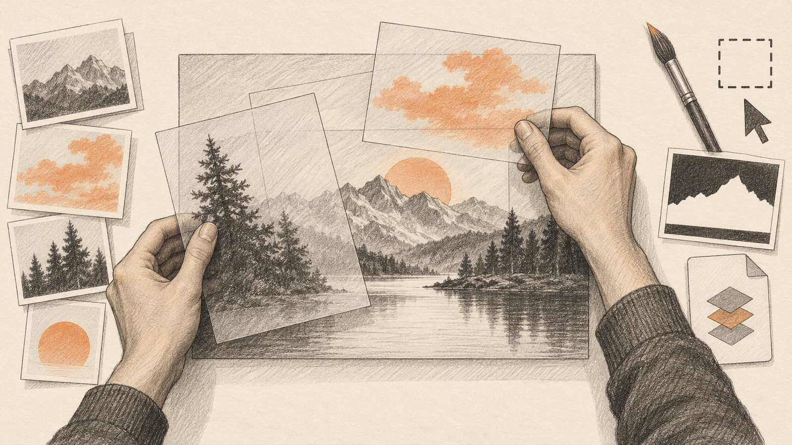 An image editor workflow drawn as separate layers, masks, and brush strokes