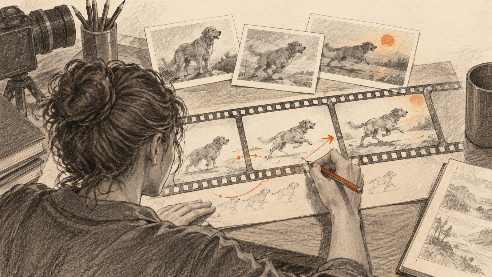 A filmmaker sketches keyframes on a strip of film and plans the motion between them