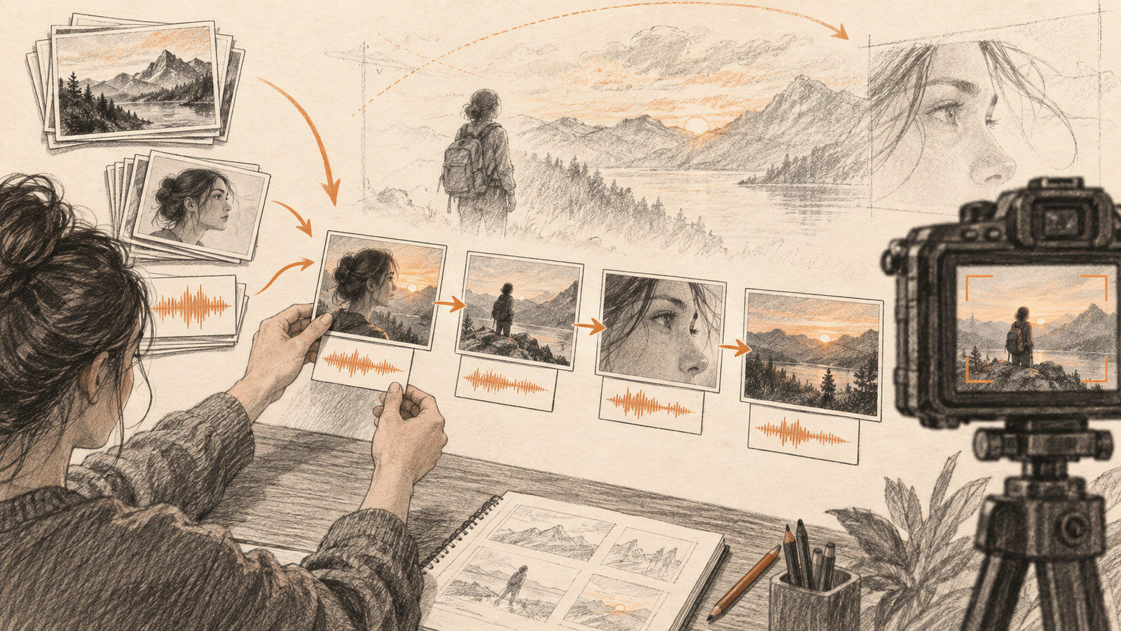 A creator arranges reference cards into a short sequence of video frames