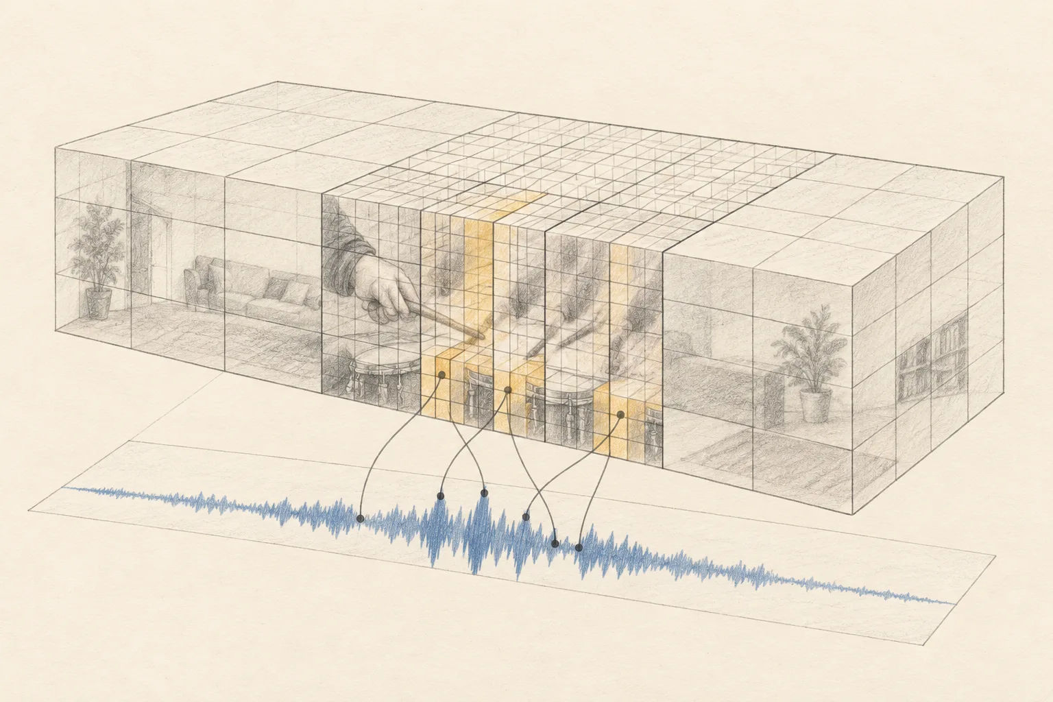 A pencil-drawn video volume split into broad and fine-grained zones, with audio-linked regions highlighted around a drum action