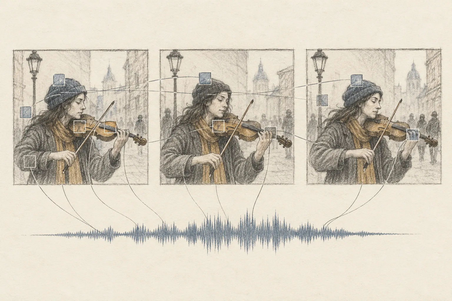 A pencil drawing of a violinist across three video frames, with selected visual patches connected to a sound waveform
