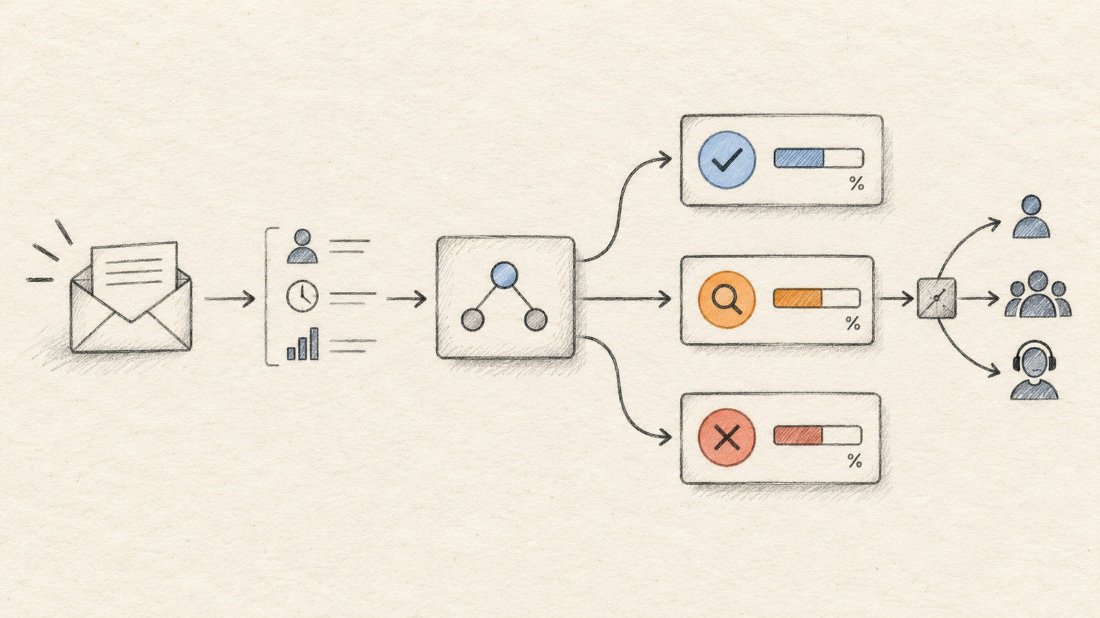 A support message flowing into a decision model and branching into fixed outcomes with probabilities