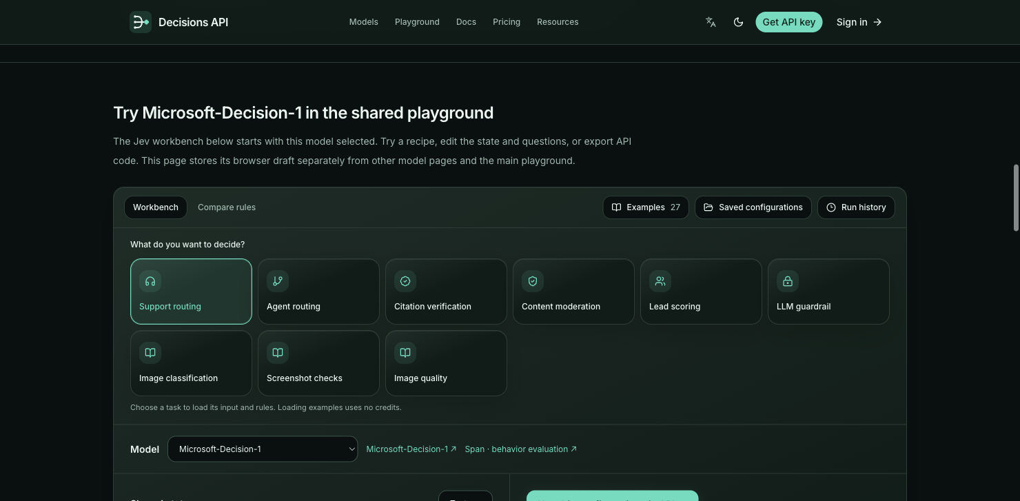 Real Decisions API playground with Microsoft Decision-1 selected