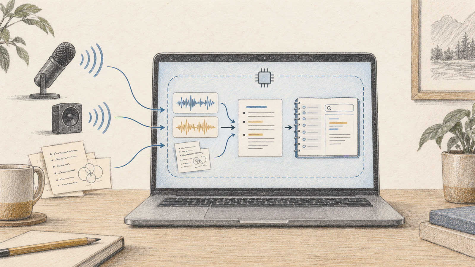 A Mac laptop keeping microphone and meeting audio inside a local notes workflow
