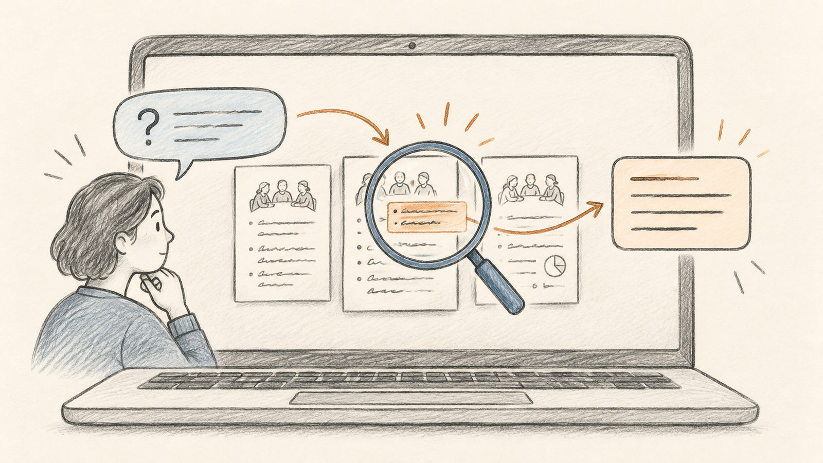 Meeting notes represented as local pages that can be searched to answer a follow-up