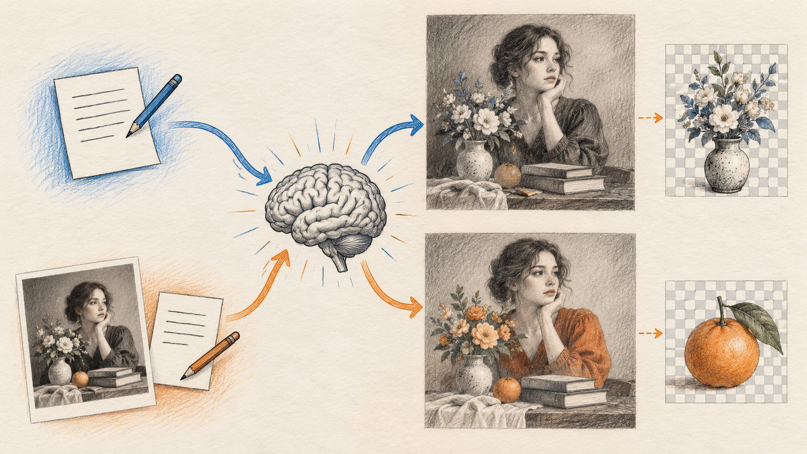 Text-to-image and reference-guided image editing paths through one model