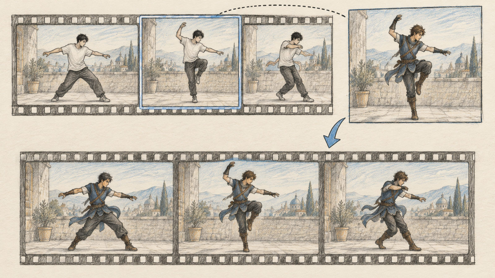 A selected source-video frame is repainted, then the new character is propagated through the clip
