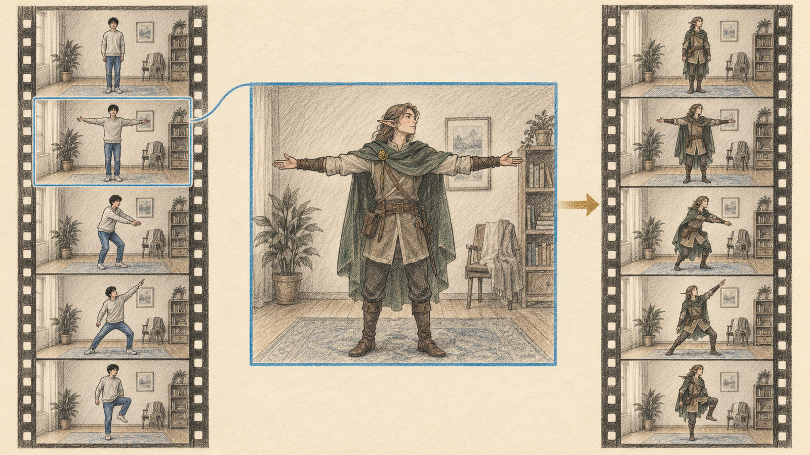 A repainted frame from the source video guides the replacement across matching poses