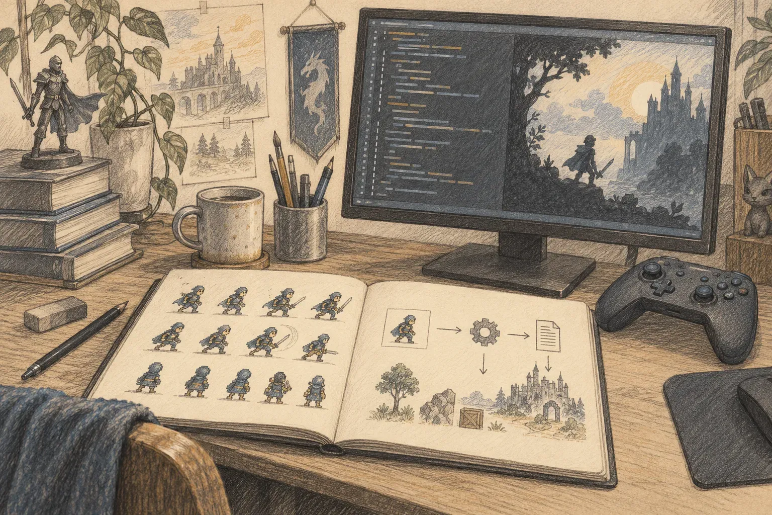 A pencil-drawn game modding workbench with a controller, sprite sketches, and a code monitor