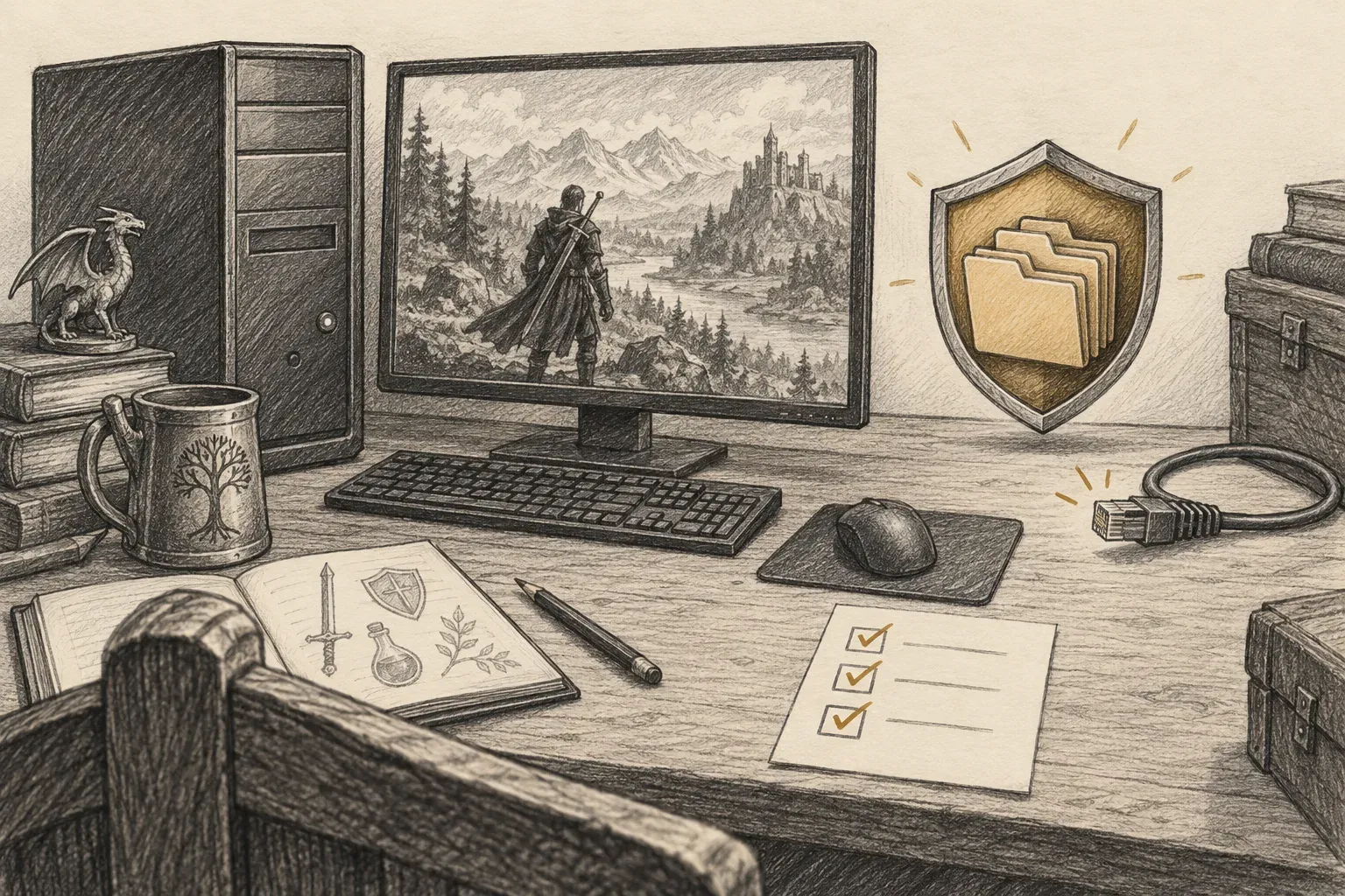 A pencil-drawn offline test setup with a backed-up save folder protected beside a single-player game