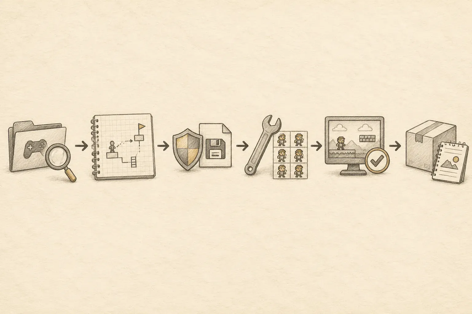 A pencil-drawn sequence from game reconnaissance through planning, backup, building, testing, and notes