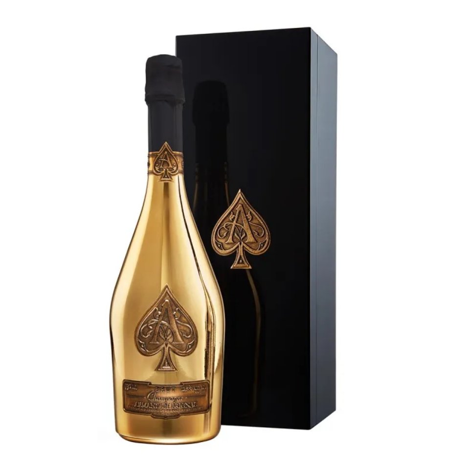 金色黑桃 A 酒瓶與黑色盒並排的產品圖