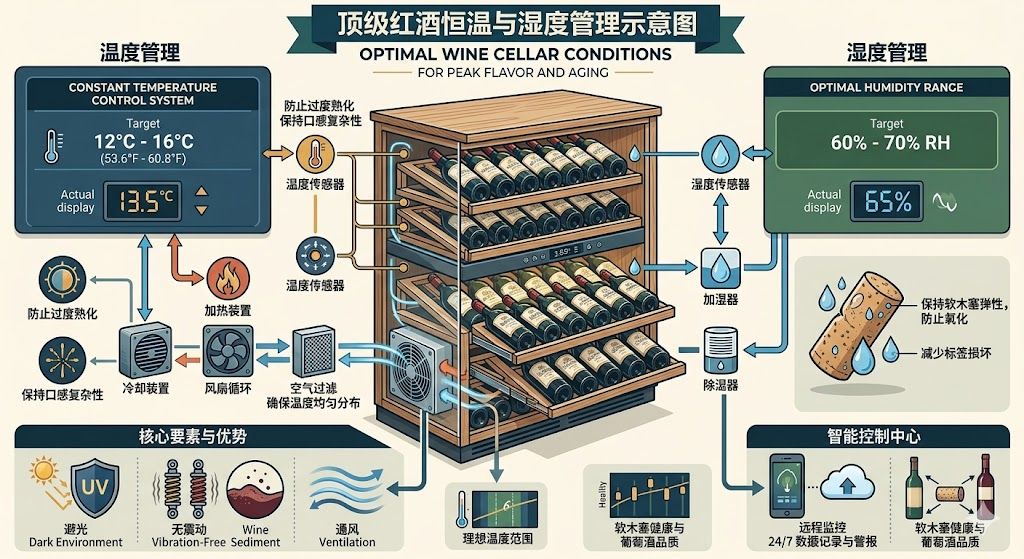 頂級紅酒恆溫與濕度管理示意圖