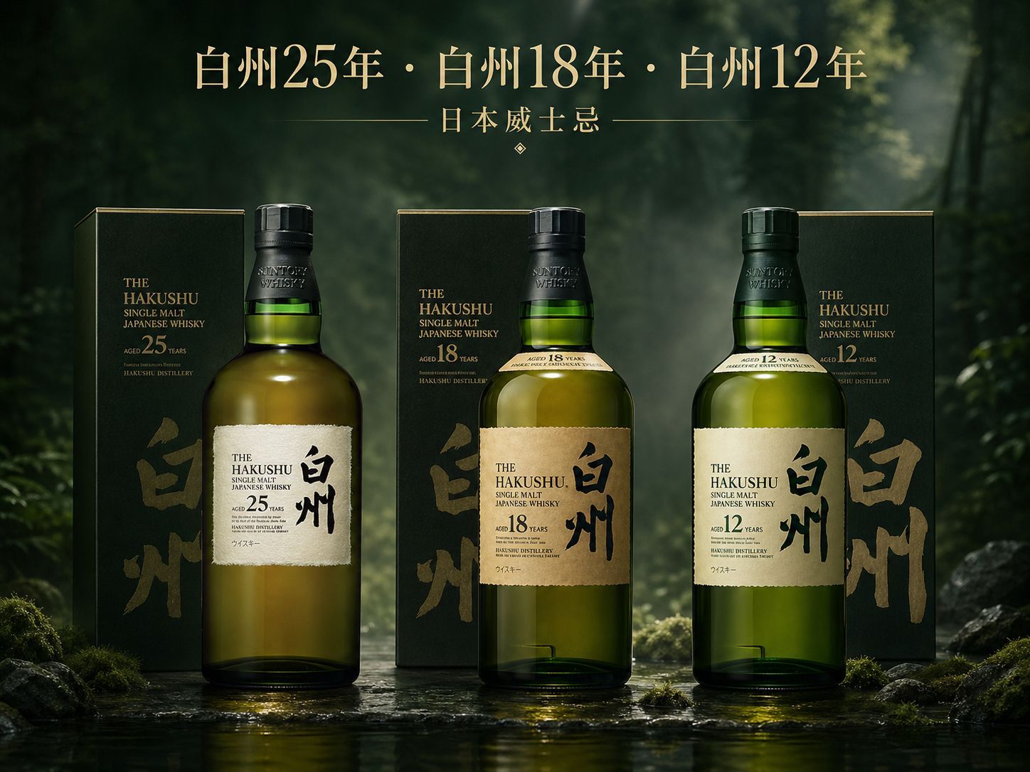 白州12年綠盒與酒瓶並列,盒面標示年份