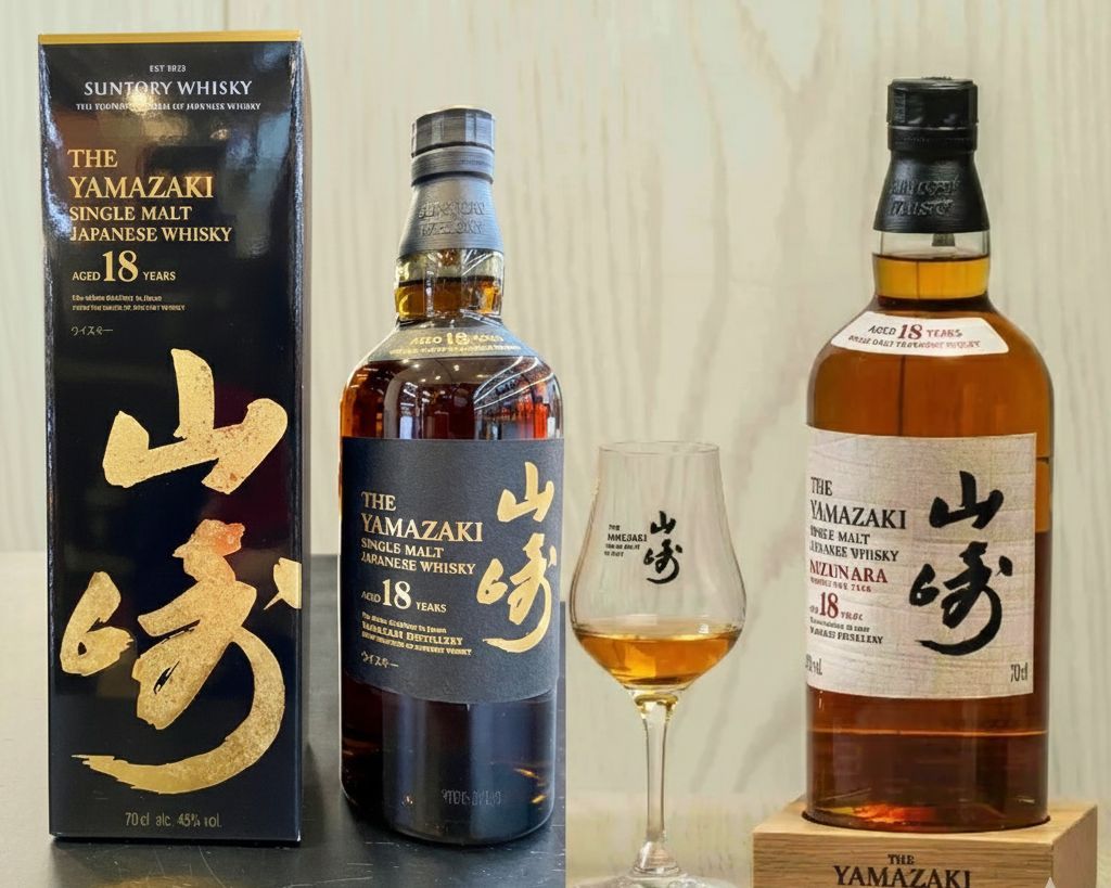 山崎18年水楢桶與山崎18年標準版酒瓶並列