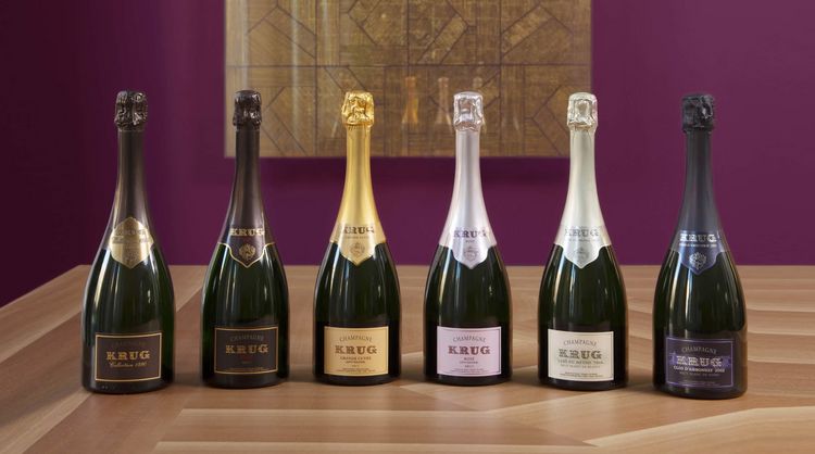 Krug Grande Cuvée 多個 Édition 版本排在一起