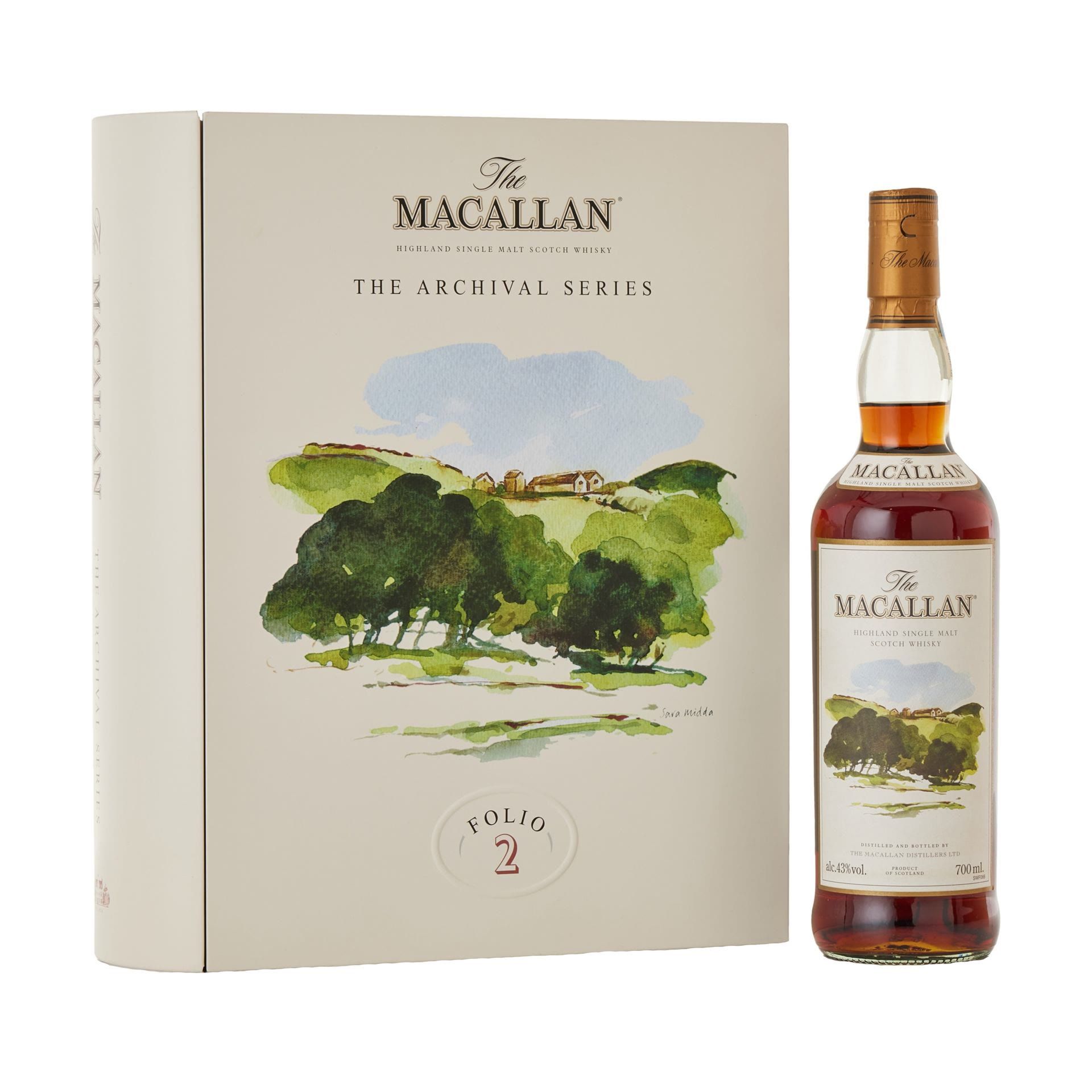 Macallan Folio 2 書型金屬盒,封面印有 The MACALLAN、Archival Series Folio 2 與 Sara Midda 簽名