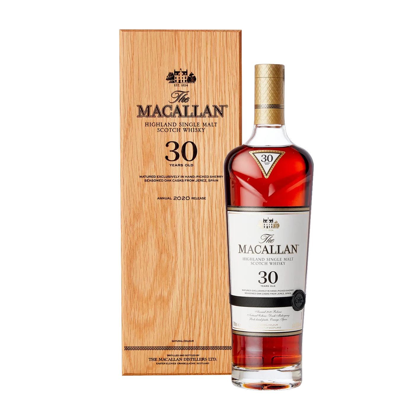 打開的麥卡倫 30 年雪莉桶木盒,盒蓋內側有 MACALLAN 盾徽,盒內是深色內襯