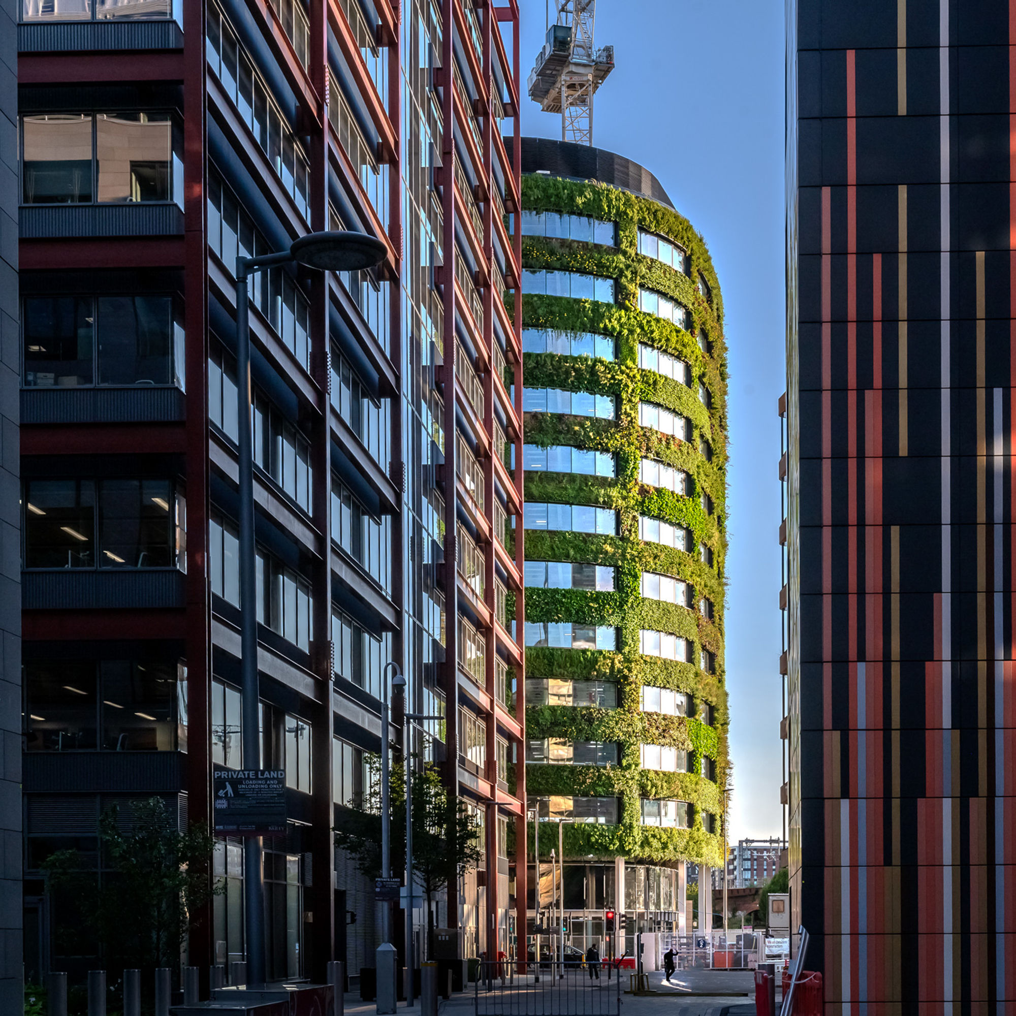A photography of Eden New Bailey and its green living wall with other buildings in the foreground