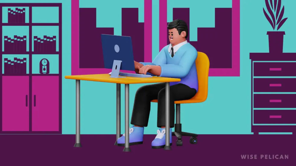 Illustration of a professional working at a desk with a laptop in a modern office setting.