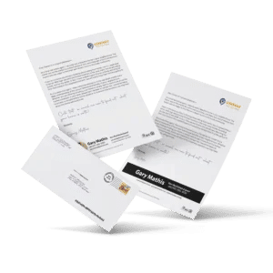 A front and back example of a real estate letter with an envelope.