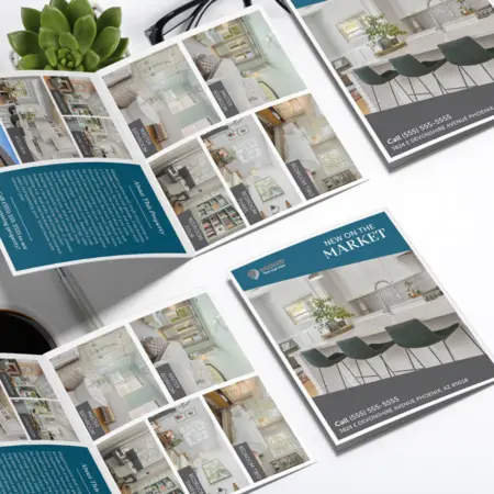 Front and opened view of a Just Listed bi-fold brochure.