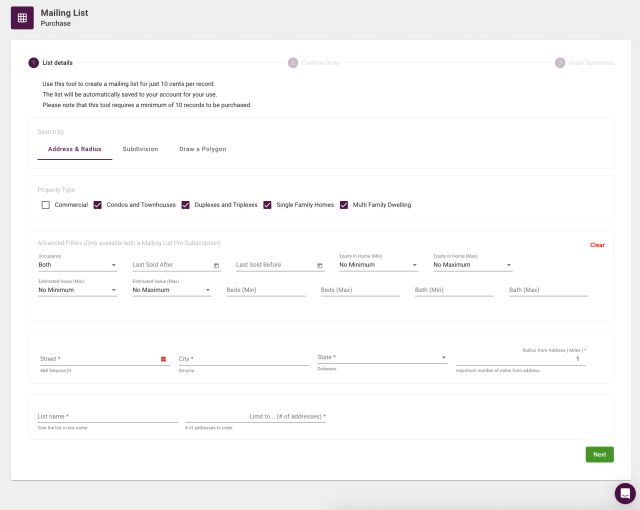 Real estate mailing list filters