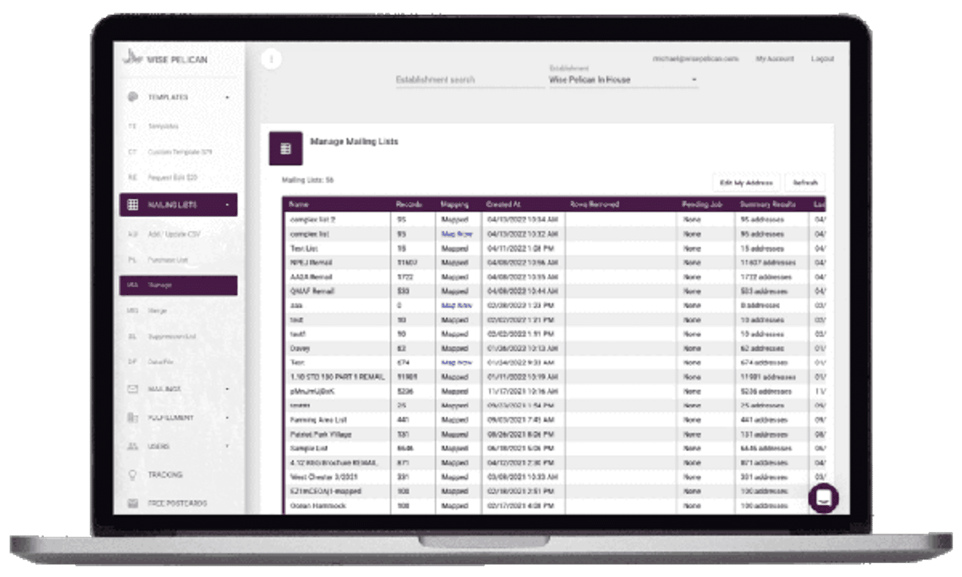 Mailing List Pro dashboard on laptop